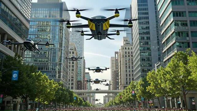 A fleet of electric vertical takeoff and landing aircraft flying over a treelined street in a city