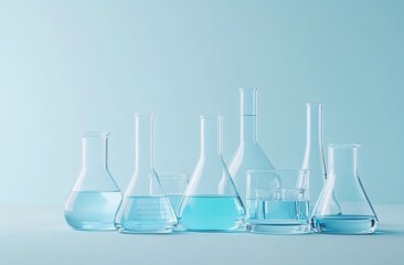 Light-blue lab glassware collection on pale blue backdrop
