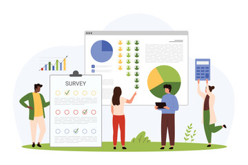 Analysis of focus group and brand audience for communication with clients. Tiny people research feedback opinions in survey list for assessment in chart performance cartoon vector illustration