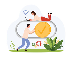On Off toggle switch interface button of mobile app. Tiny people control UI settings panel, move slider with yellow check mark to activate modern software program cartoon vector illustration