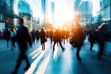 Busy city street scene at sunrise.  Silhouetted figures of pedestrians rush past modern glass buildings.  Sunlight streams through the urban environment