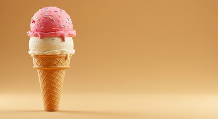 realistic vanilla and strawberry ice cream cones on warm yellow to peach gradient background