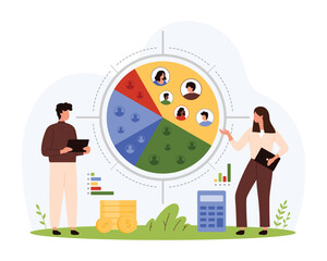 Target audience research, marketing analysis of focus groups and customer behavior. Tiny people study consumers profiles trapped in segment of circle chart and aim cartoon vector illustration