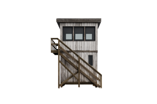 Weathered Wooden Watchtower With Stairs On A Transparent Background Featuring Three Windows And A Side Platform