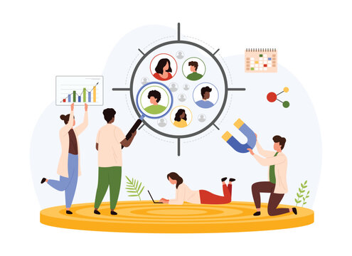 Focus group marketing research. Tiny people look through magnifying glass to search and find relevant niche, attract with magnet audience of customers inside target cartoon vector illustration