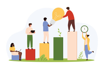 Professional career and creative ideas, opportunity for business development vector illustration. Cartoon tiny people holding light bulb with efforts on top of ladder with steps, solidarity in support