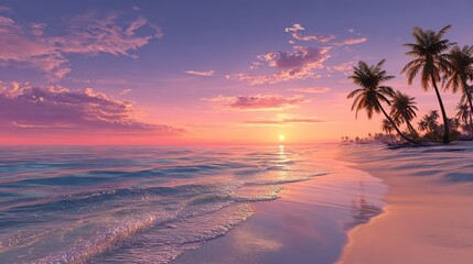 Tropical sunset beach landscape with palm trees silhouette, colorful vibrant sky in pink, purple, and orange hues, tranquil ocean, and romantic atmosphere.