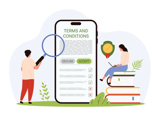 Terms and conditions study. Tiny people with magnifying glass research business documents for law compliance, agreements and contracts on mobile phone screen to click agree cartoon vector illustration