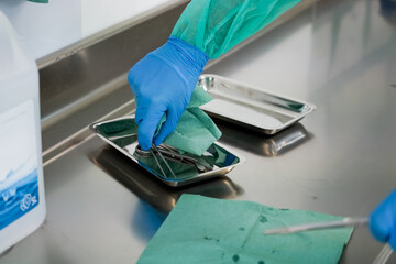 Healthcare professional's gloved hand meticulously arranging medical instruments with a sterile...