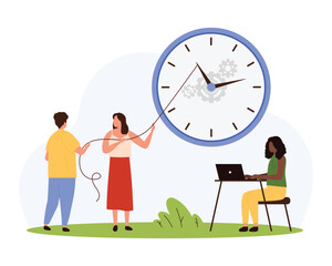 Time management vector illustration. Cartoon tiny people moving clock back to meet business deadline, employee characters pulling arrow with rope to stop and reverse time because of risk of delay