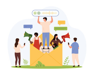 Voice mail service to record and listen to audio messages of customer. Tiny people from giant envelope with letter holding megaphones and chat speech bubble with sound cartoon vector illustration