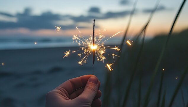Handheld sparkler at sunset over beach