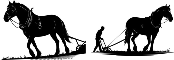 Silhouettes of a Farmer Plowing a Field with a Draught Horse: Vector Illustration
