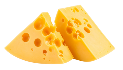 Two wedges of swiss cheese with holes stacked on each other close on transparent background