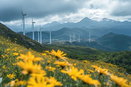 Wind turbines stand amidst a vibrant field of yellow flowers, with a mountainous backdrop - Powered by Adobe