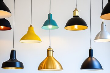 Obraz premium Colorful pendant lamps of various shapes and sizes hang from a white wall