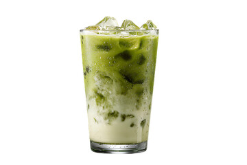 Refreshing iced matcha latte in a glass with ice cubes.