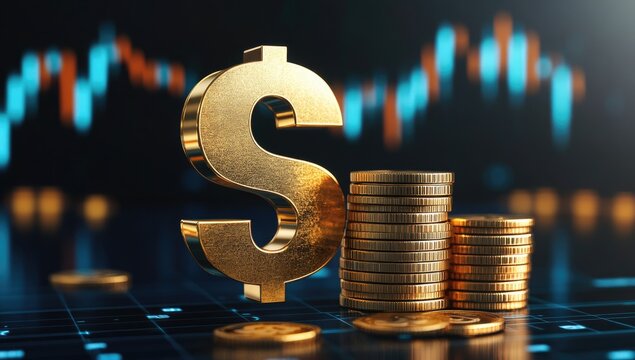 Gold dollar sign with stacks of coins on a digital financial chart