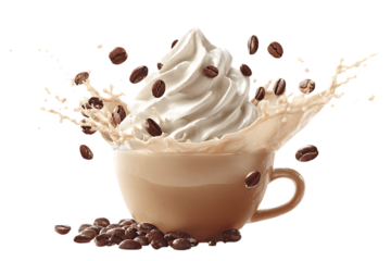 Creamy coffee drink with whipped cream and coffee beans splash.