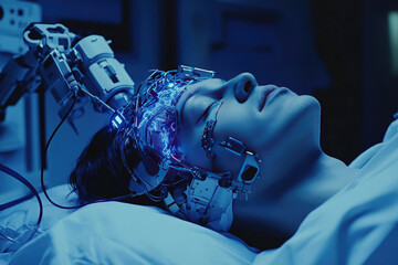 Close-up shot of a hospital bed with medical device connected head patient,robotic arm attempts to operate patient's brain,symbolizing futuristic surgery advanced medical technology.banner.copy space