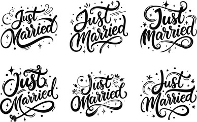 Fototapeta premium Just Married Wedding Lettering Set – Elegant Black and White Calligraphy Quote Design for Wedding Cards, Honeymoon Tags, Romantic Printable, Bridal Party Invitations and Decorations