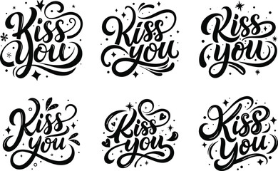 Kiss You Romantic Typography Set – Handwritten Love Quote Vector Design for Valentine’s Day, Couple Notes, Love Letters, Greeting Cards and Romantic Sticker Collections