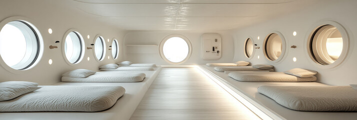Futuristic capsule hotel interior with glowing sleeping pods arranged in a sleek hallway, representing innovative travel, compact comfort, and modern minimal living