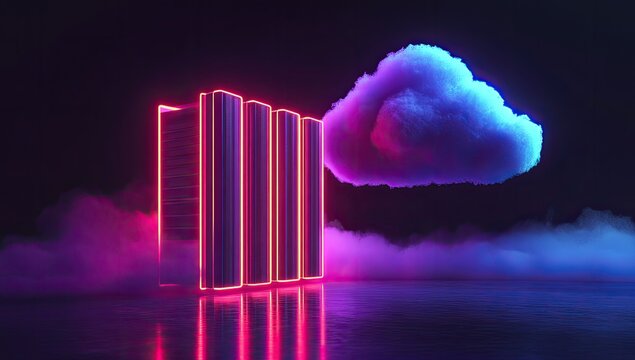 Neon server rack with a cloud