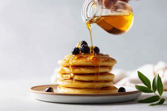 Stack of golden pancakes with honey being poured from glass jar, garnished with berries and mint on white plate, symbolizing homemade breakfast, natural sweetness, and mindful morning indulgence - Powered by Adobe