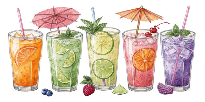 Hand-drawn illustrations collection of colorful, refreshing drinks, lemonade, mojito, orange, grape, citrus against a isolated transparent background PNG.