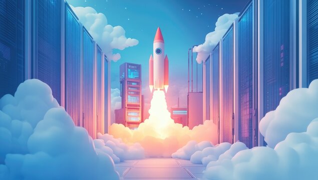Rocket launches from a server farm at night, amidst clouds