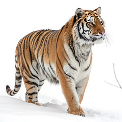Obraz premium A Tiger is posing in a straightforward manner, isolated on a white background.