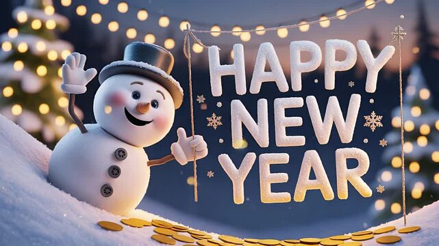 Festive New Year Greetings: A cheerful snowman waves hello beside a glowing "HAPPY NEW YEAR" sign, creating a joyful scene of winter celebration.