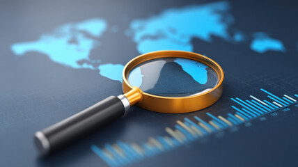 Magnifying glass focusing on world map with economic chart showing global economic outlook for business and finance analysis concept