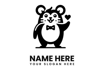 Adorable cartoon mouse, wearing a bow tie, holds a heart, logo design.