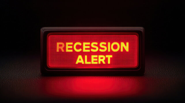 Recession alert sign glowing red on black background symbolizing global economic outlook warning and financial crisis risk in business environment - Powered by Adobe