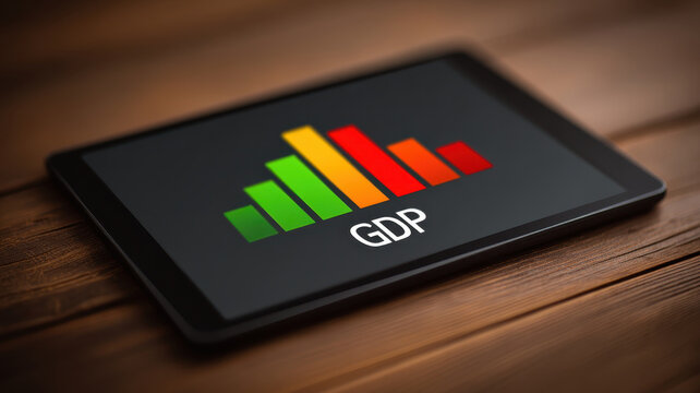 Global economic outlook shown on digital tablet with colorful GDP bar chart on wooden table surface