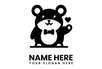 A charming black and white cartoon hamster holding a heart, with a bow tie.