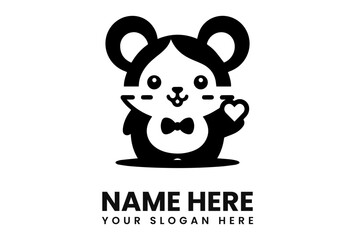 Cartoon bear with a bow tie, waving with a heart on its paw, in a logo design.