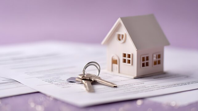 Model house and keys on paperwork for real estate transaction