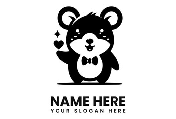 A charming cartoon bear character holding a heart, smiling, and wearing a bow tie.