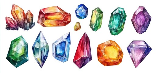 Fototapeta premium Watercolor illustration of various colorful gemstones and crystals