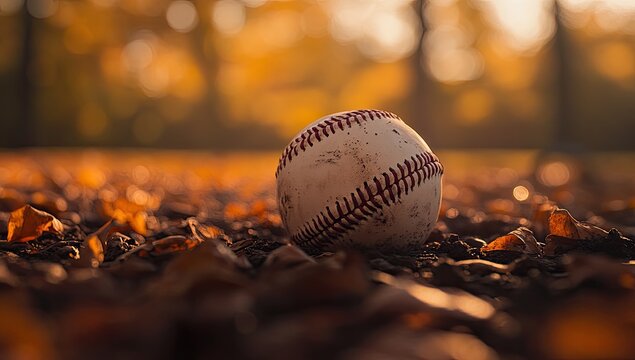 Baseball in autumn leaves - Powered by Adobe