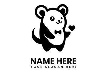 A stylized, cartoon-like animal figure with a bow tie, holding a heart, possibly a logo.
