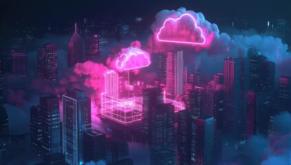 Fototapeta premium Futuristic city with neon cloud