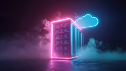 Fototapeta premium Neon server rack with cloud