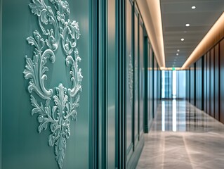 Elegant teal hallway with ornate wall detail, luxury hotel