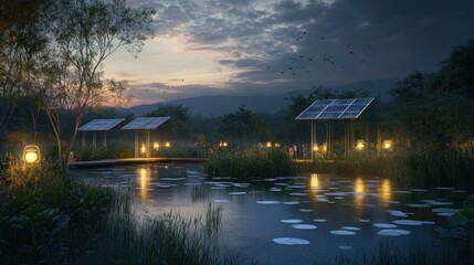 Fototapeta premium Tranquil evening by a serene pond with solar panels and lanterns. Illuminated walkway leads to a gathering area. Evening light reflects on still water. Lush vegetation surrounds the tranquil space.