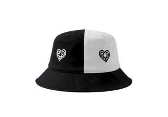 Bicolor Bucket Hat Black and White Contrast with Heart Design isolated on transparent background