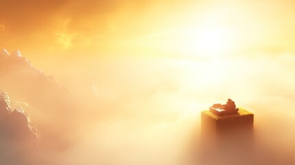 Tranquil figure sits atop a grassy isle amidst a golden, misty mountain landscape, bathed in the warm light of a sunrise or sunset.